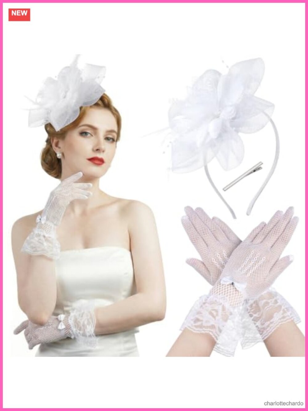 Women's Fascinator Hat with Lace Gloves Set Tea Party Wedding Headband